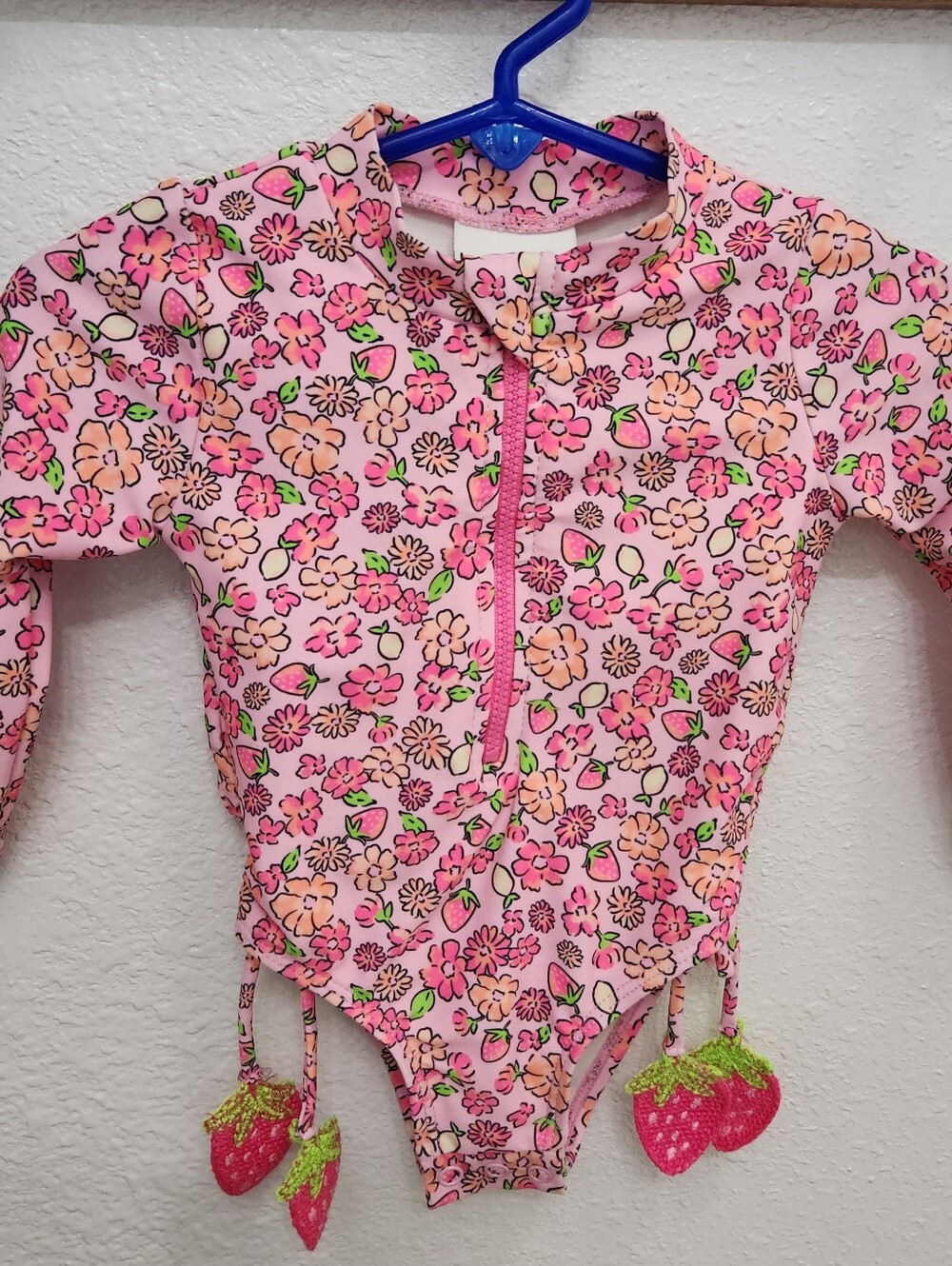 Nicole Miller pink floral one piece swimsuit with strawberry details Size 12 mon